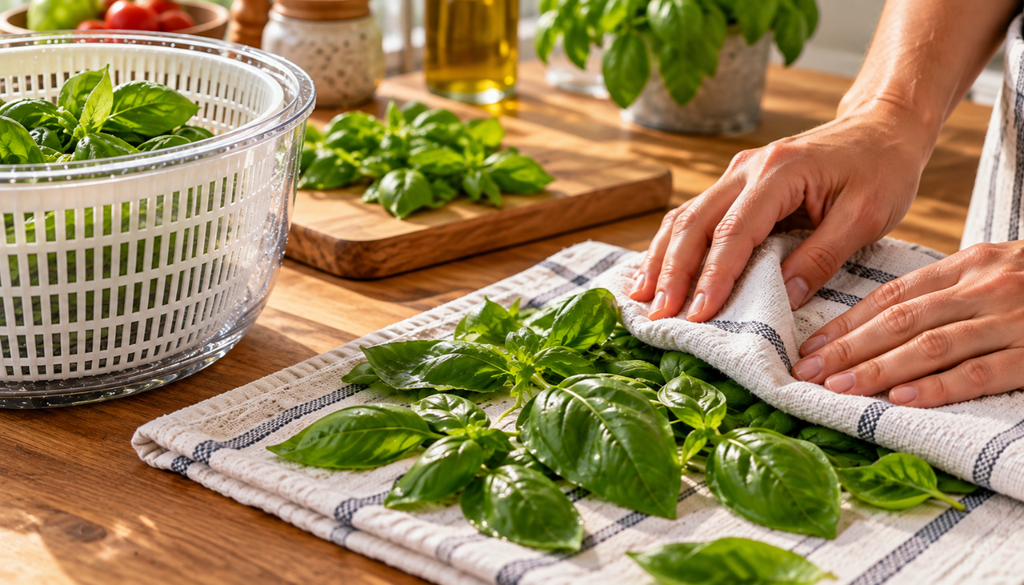 Fresh basil leaves drying on a kitchen towel before freezing
