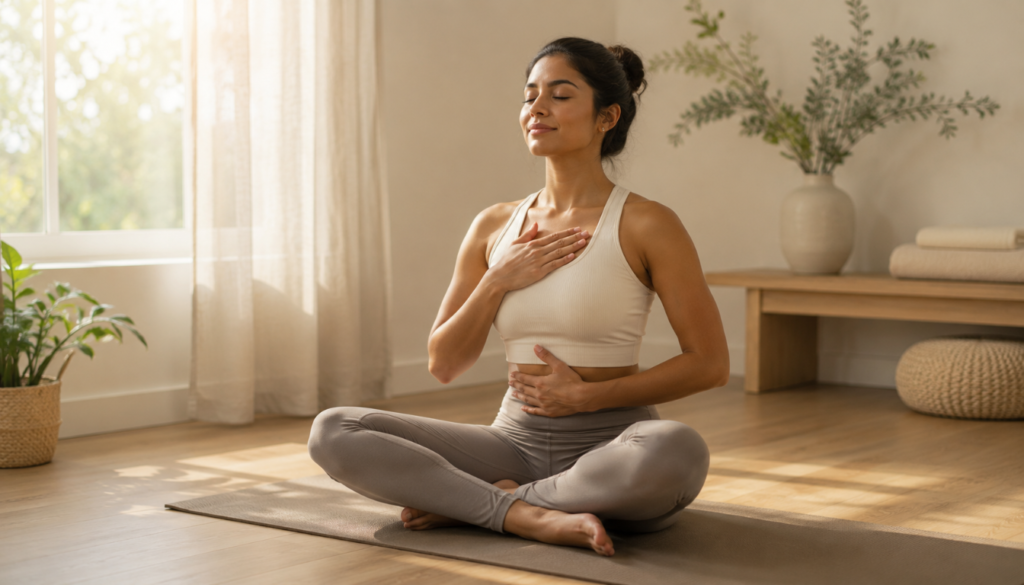 A person sitting cross‑legged on a yoga mat with hands on the chest and abdomen, practicing deep breathing in a bright, peaceful room.