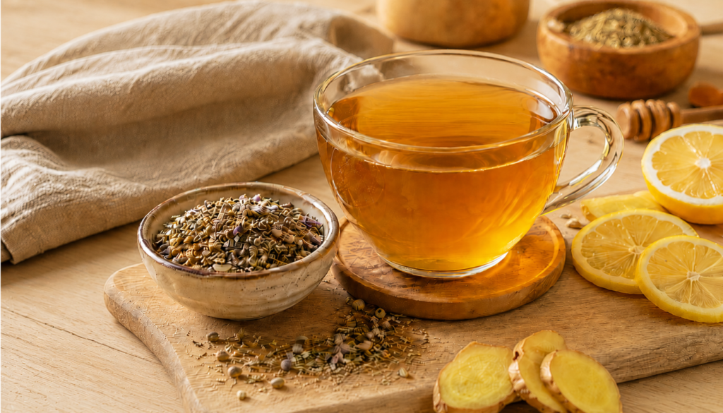 A glass cup of golden herbal tea on a wooden coaster surrounded by lemon slices, ginger, dried herbs, and a honey dipper.