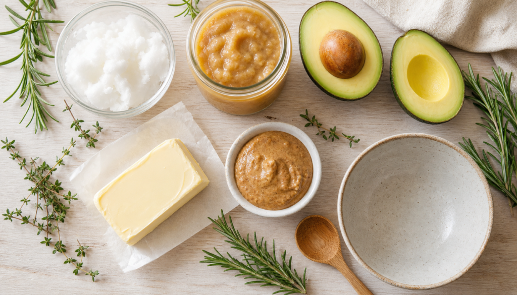 Natural plant‑based ingredients including coconut oil, avocado, nut butters, and fresh herbs arranged on a wooden surface for vegan butter alternatives.