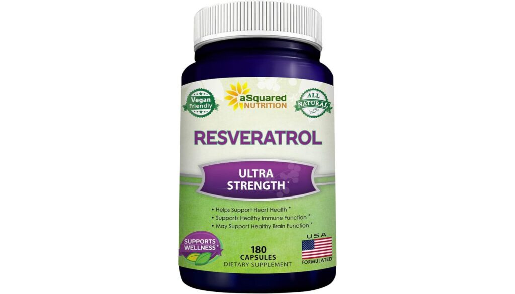 Bottle of aSquared Nutrition Resveratrol 1000mg capsules labeled ultra strength and vegan-friendly.