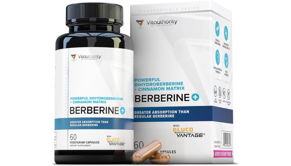 Vitauthority Berberine+ bottle and box with 60 vegetarian capsules for metabolism and blood sugar support.