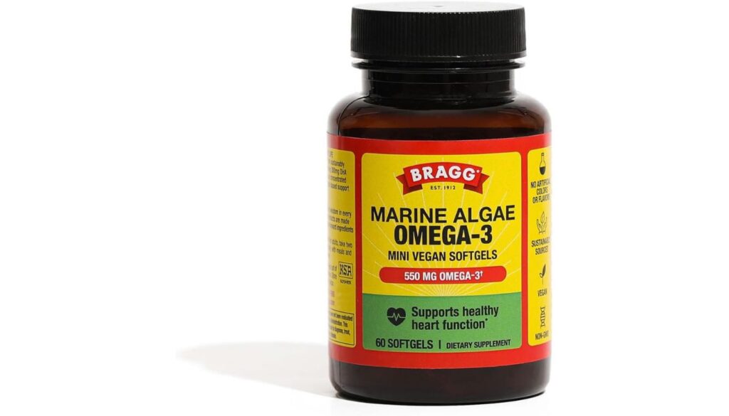 Bragg Marine Algae Omega-3 Mini Vegan Softgels bottle with 550mg DHA and heart health support.