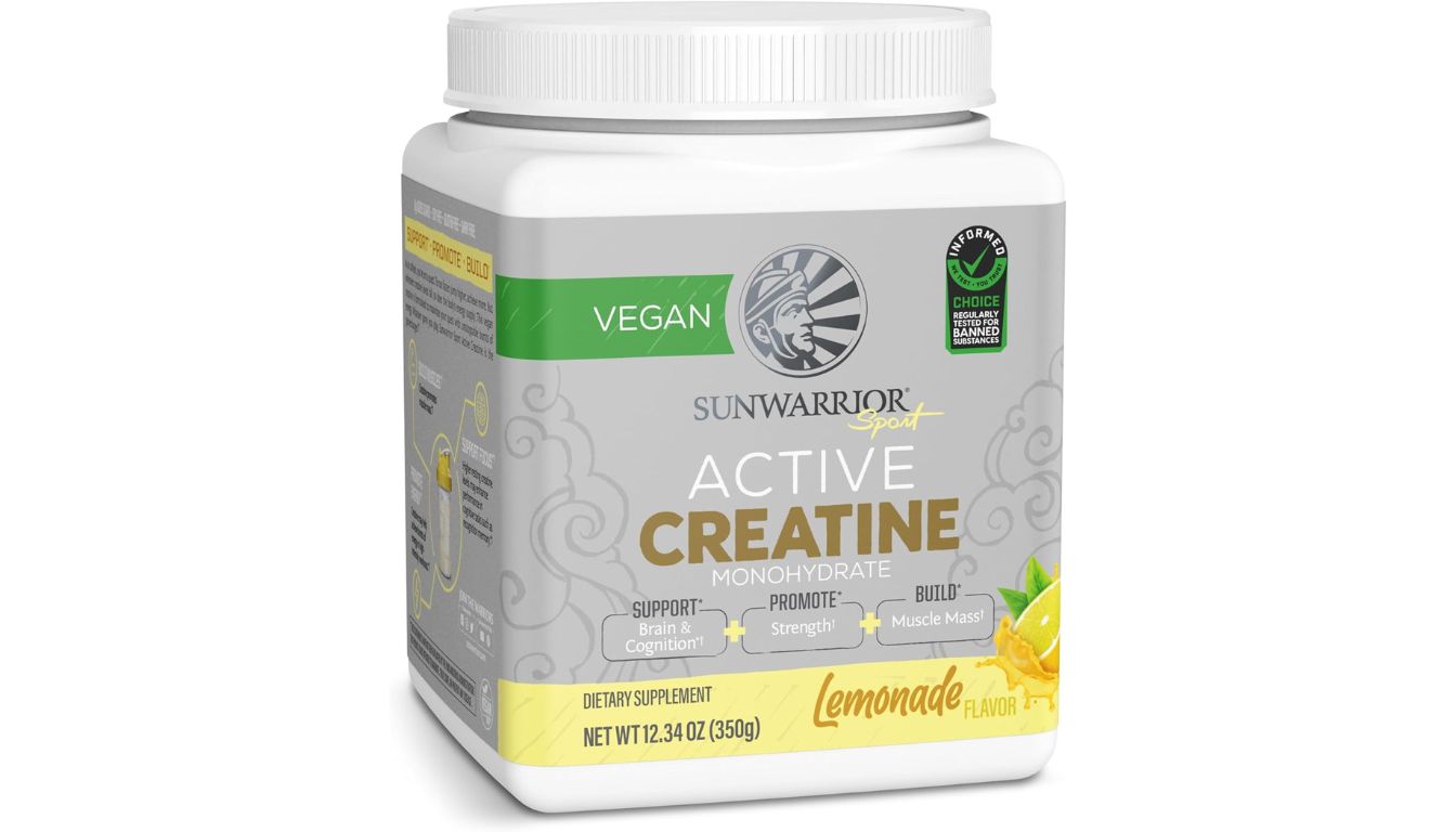 Sunwarrior Classic Plus Vegan Protein Powder in chocolate flavor with 17g organic plant protein per serving.
