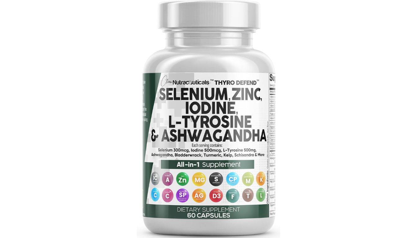 Clean Nutra Thyroid Defend supplement bottle with key ingredients like iodine, selenium, and ashwagandha.