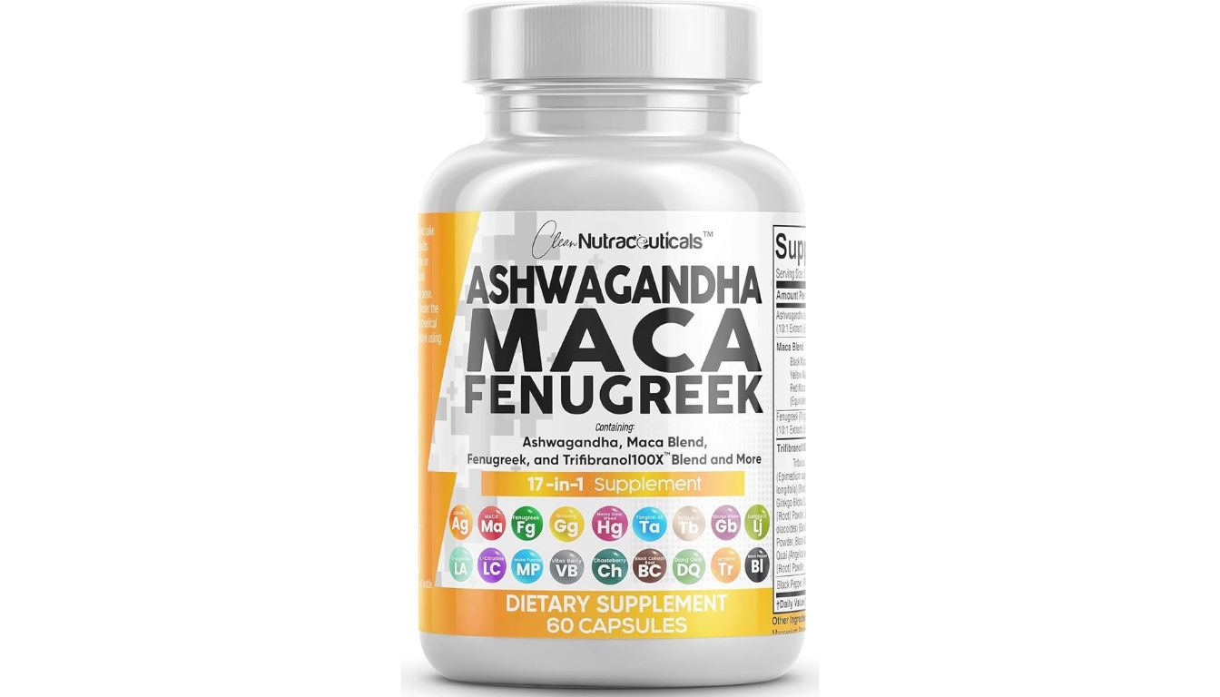 Clean Nutraceuticals bottle featuring Ashwagandha, Maca Root, Fenugreek, and herbal blend.