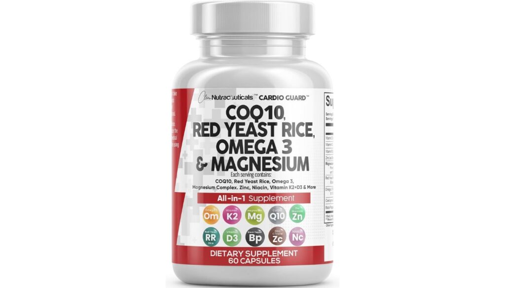 Clean Nutraceuticals Cardio Guard COQ10 200mg supplement bottle with heart health ingredients.
