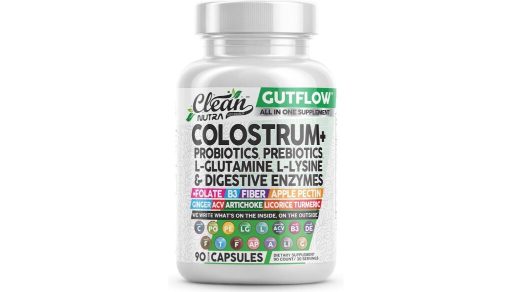 Clean Nutraceuticals Colostrum+ GutFlow supplement bottle with probiotics and digestive support ingredients