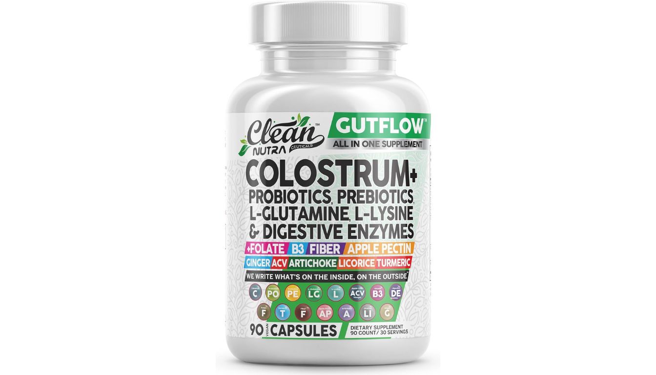 Clean Nutraceuticals Colostrum+ GutFlow supplement bottle with probiotics and digestive support ingredients