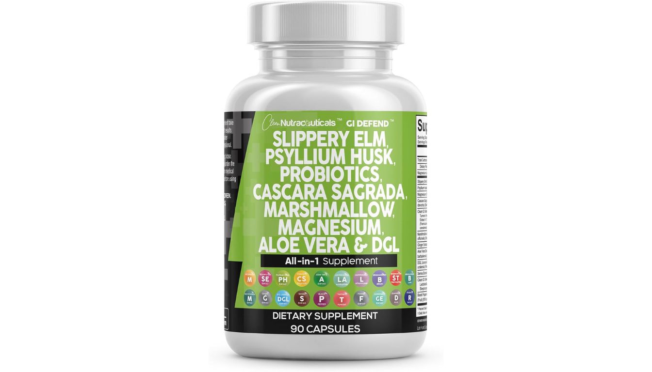 Clean Nutraceuticals GI DEFEND bottle with probiotics, herbs, and digestive support ingredients.