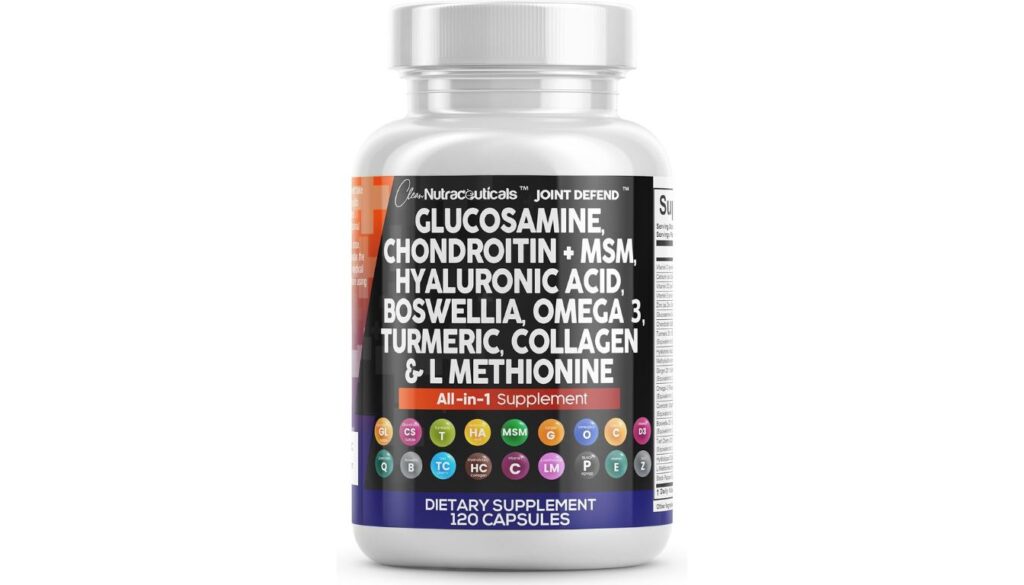 Clean Nutraceuticals Joint Defend bottle with Glucosamine, Chondroitin, MSM, and other joint-supporting ingredients.