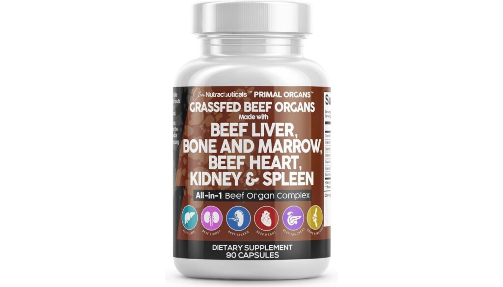 Clean Nutraceuticals Primal Organs Grassfed Beef Liver supplement bottle with organ complex ingredients