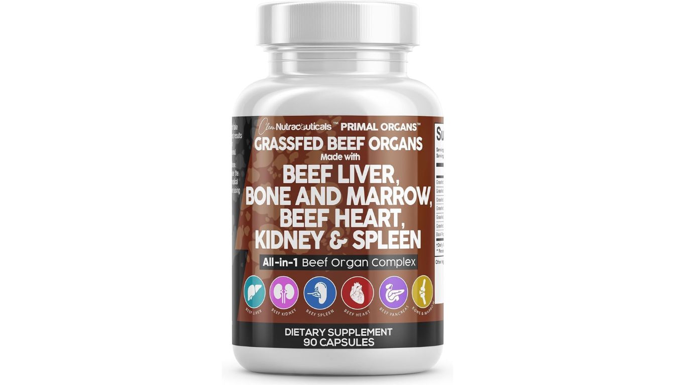 Clean Nutraceuticals Primal Organs Grassfed Beef Liver supplement bottle with organ complex ingredients