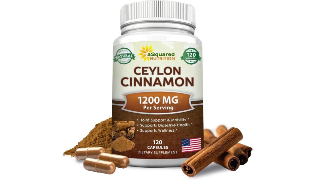 Bottle of Eco Bounty Ceylon Cinnamon capsules with 1200 mg per serving, surrounded by cinnamon sticks and powder.