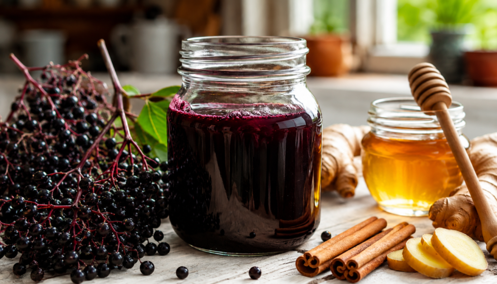 Jar of homemade elderberry syrup surrounded by fresh elderberries, ginger, honey, and cinnamon on a rustic wooden surface.