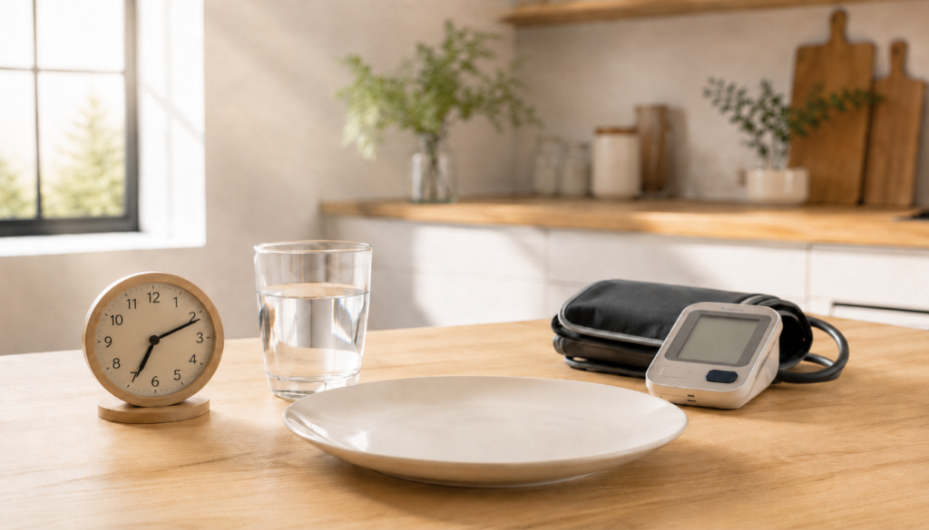 A morning health setup with a glass of water, an empty plate, a small clock, and a digital blood pressure monitor on a wooden kitchen table.