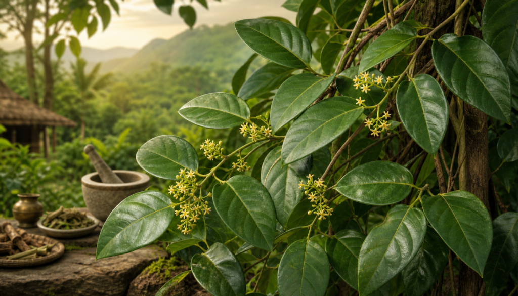 Gymnema sylvestre leaves and yellow star‑shaped flowers growing on a vine, with traditional herbal preparation tools in the background.