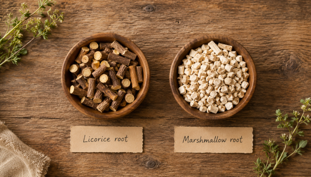 Two wooden bowls on a rustic table display dried licorice root pieces and dried marshmallow root chunks, each labeled with handwritten tags.