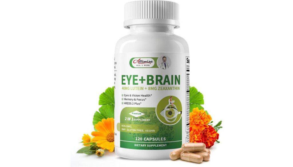 Alliwise EYE + BRAIN supplement bottle with 120 capsules, surrounded by flowers, leaves, and capsules.