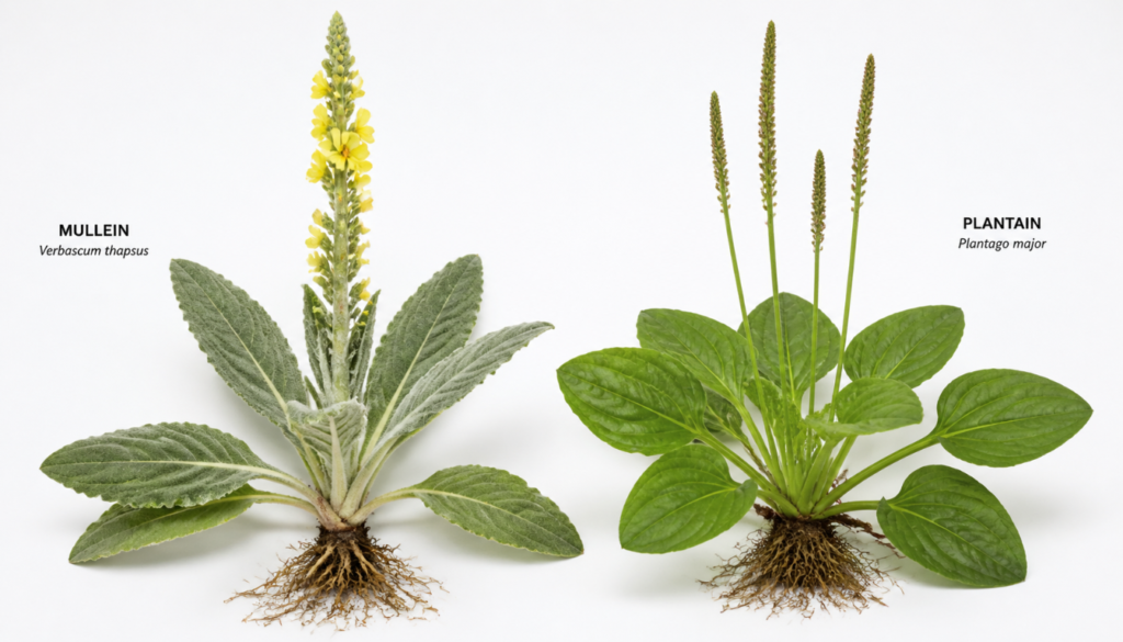 Mullein and plantain plants displayed side by side on a white background, each showing their roots, leaves, and flowering stalks for clear botanical comparison.