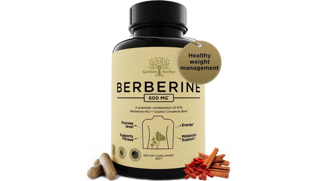 Garden Herbz Berberine 600mg bottle with Ceylon cinnamon capsules for glucose and metabolic support.