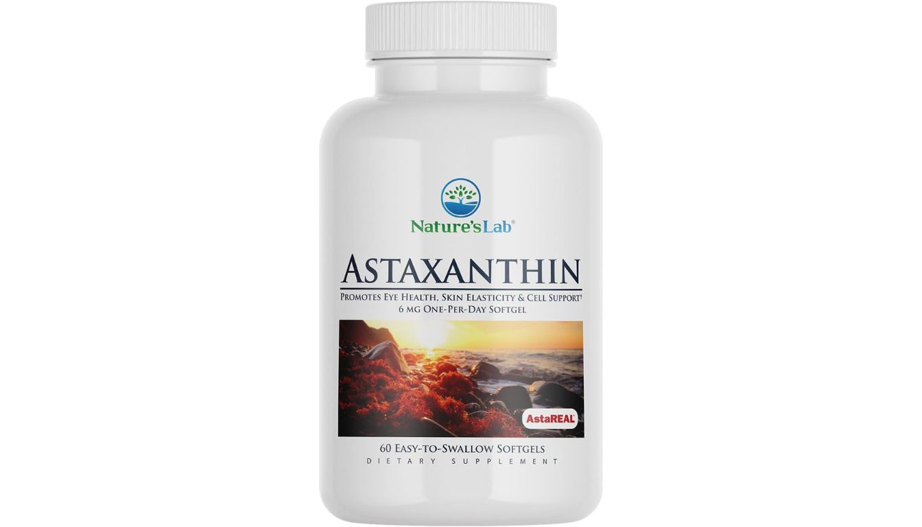 Bottle of Nature's Lab AstaREAL Astaxanthin 6mg with 60 softgels for antioxidant and eye health support.