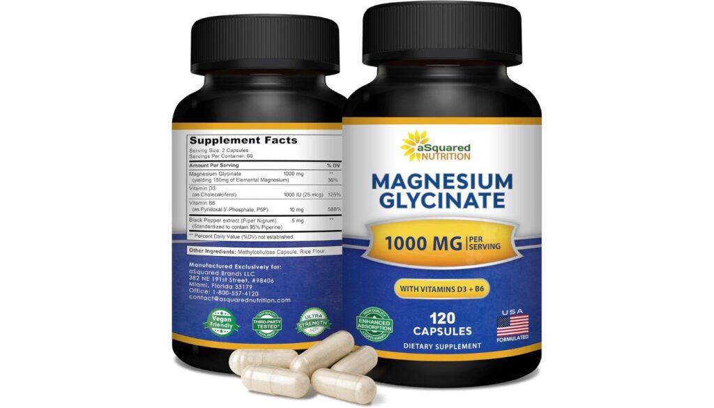 Bottle of Nobi Nutrition Magnesium Glycinate 1000mg with 120 capsules for calm, sleep, and muscle support.
