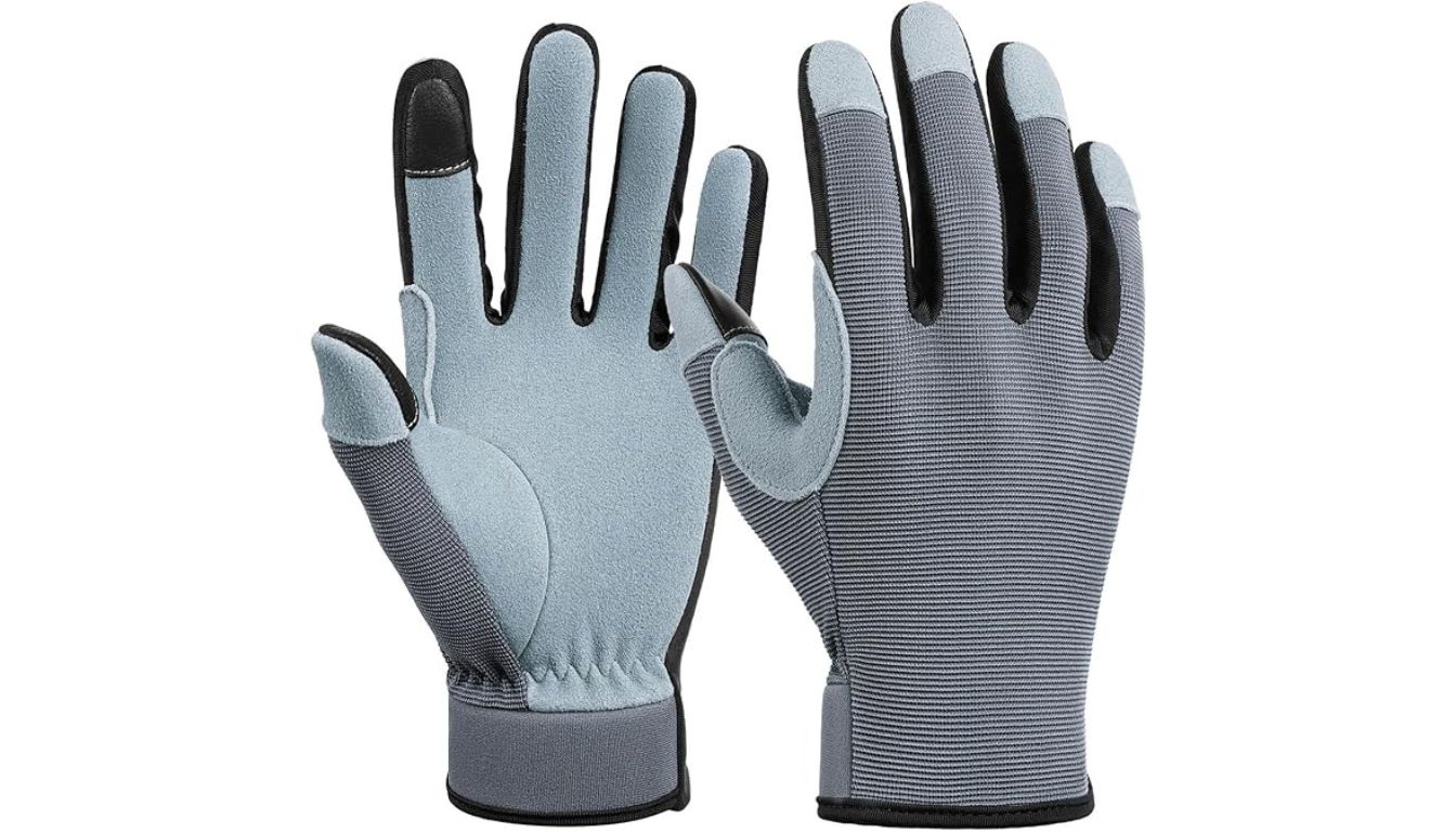 Pair of OZERO Women's Leather Work Gloves with reinforced palms and flexible ribbed back for durability and comfort.