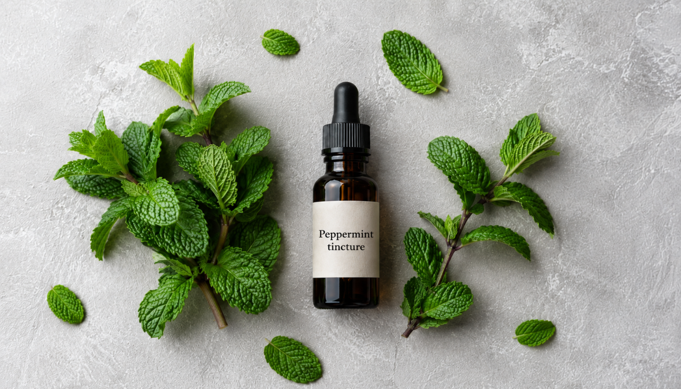A small amber glass bottle labeled peppermint tincture sits on a light surface surrounded by fresh green peppermint leaves.