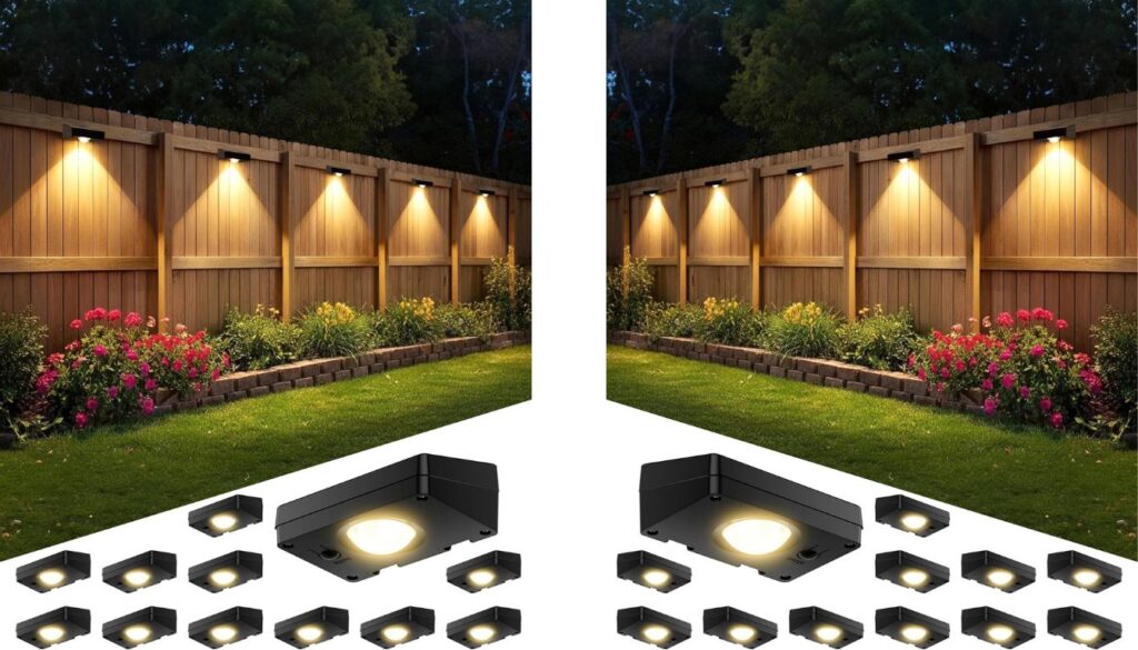Solar-powered LED lights mounted on a wooden fence, casting warm beams over flower beds at night.