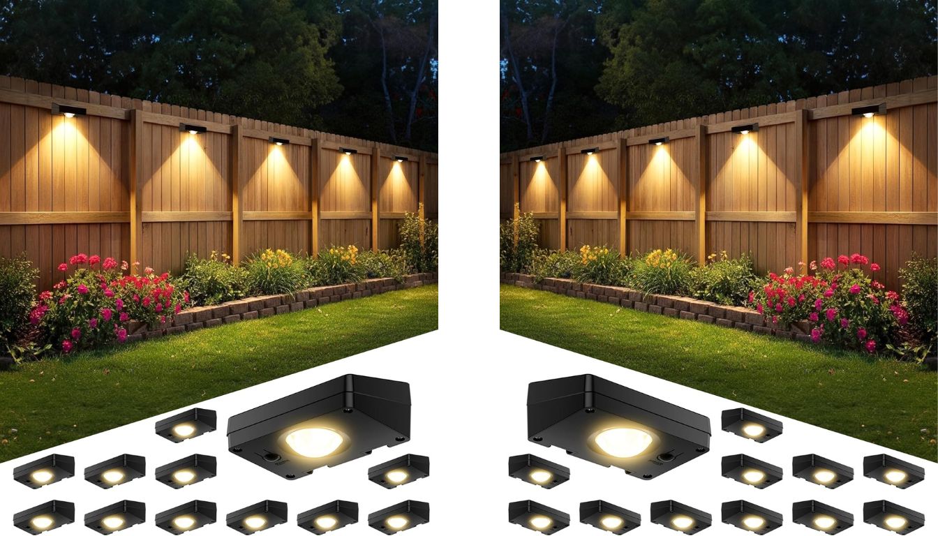 Solar-powered LED lights mounted on a wooden fence, casting warm beams over flower beds at night.