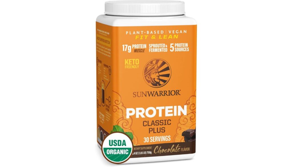 Sunwarrior Classic Plus Vegan Protein Powder in chocolate flavor with 17g plant-based protein per serving.