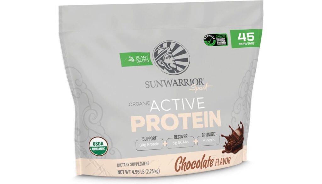 Sunwarrior Sport Organic Active Protein powder in chocolate flavor with 30g protein and 5g BCAAs per serving.