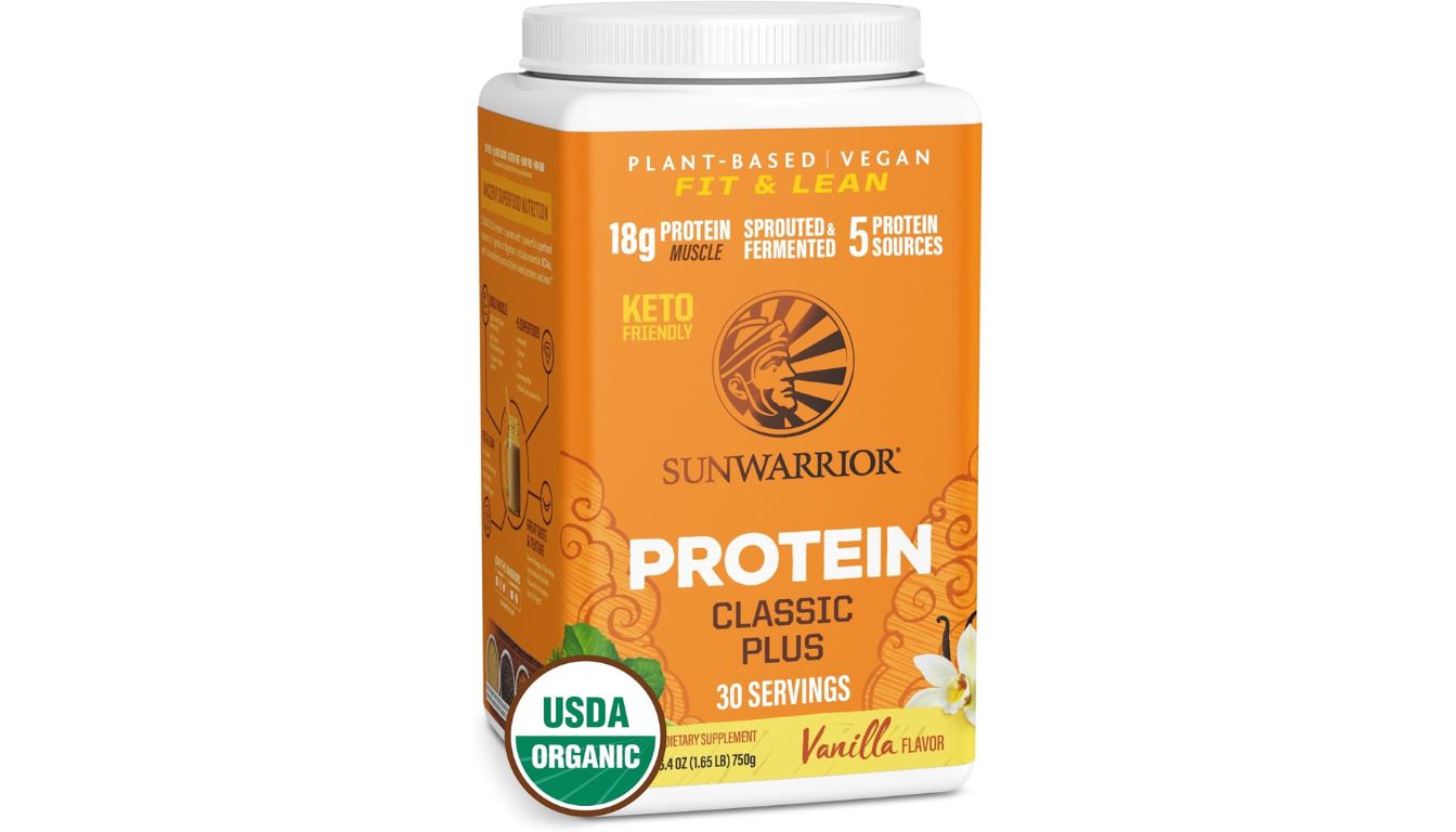 Sunwarrior Organic Protein Classic Plus Vanilla powder container with plant-based, vegan, and keto-friendly features.