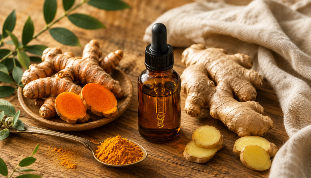 A small amber dropper bottle surrounded by fresh turmeric, ginger, turmeric powder, and sliced ginger on a wooden surface.