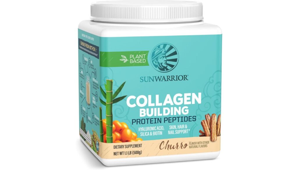 Sunwarrior Vegan Collagen Protein Powder in Churro flavor with plant-based ingredients for skin, hair, and nail support.