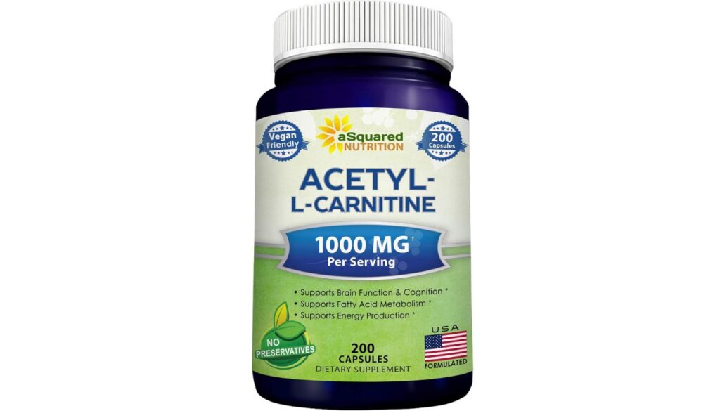 Bottle of aSquared Nutrition Acetyl L-Carnitine 1000mg with 200 vegan capsules for brain, energy, and metabolism support.