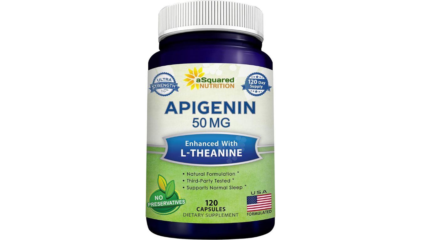 Bottle of aSquared Nutrition Apigenin 50mg capsules with L-Theanine, labeled Ultra Strength and sleep support.