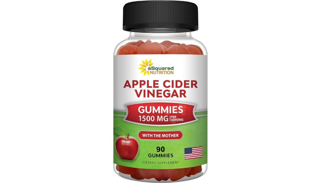 Bottle of aSquared Nutrition Apple Cider Vinegar Gummies with red apple graphic and 1500 mg per serving label.