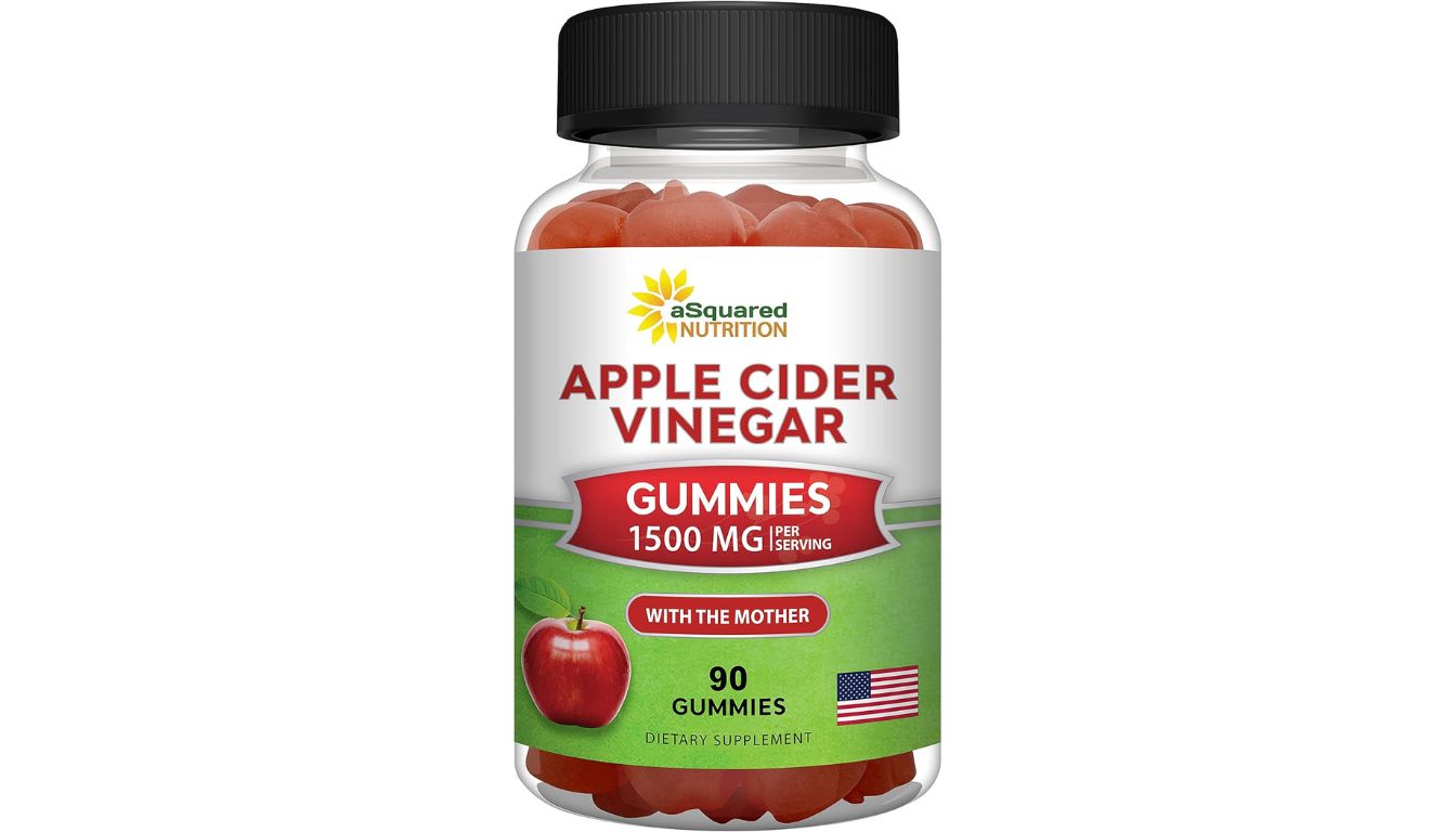 Bottle of aSquared Nutrition Apple Cider Vinegar Gummies with red apple graphic and 1500 mg per serving label.