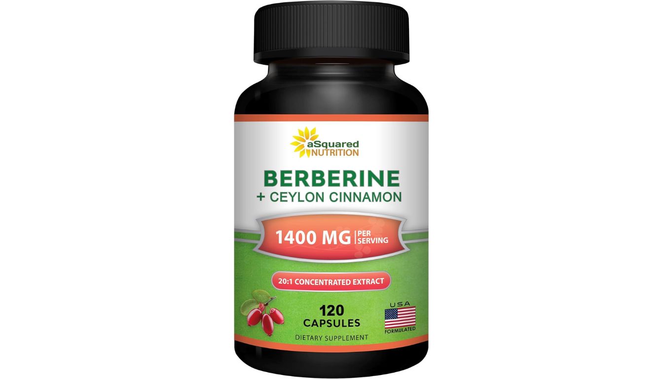 Bottle of aSquared Nutrition Berberine with Ceylon Cinnamon capsules, labeled 1400 mg per serving.