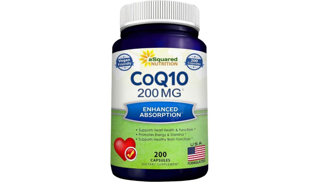 Bottle of aSquared Nutrition CoQ10 200mg with 200 vegan capsules for heart and energy support.