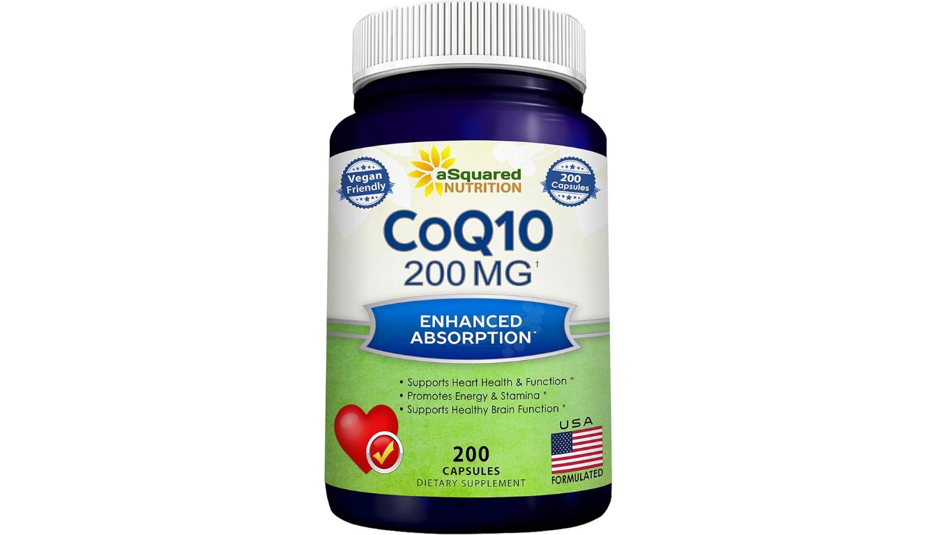 Bottle of aSquared Nutrition CoQ10 200mg with 200 vegan capsules for heart and energy support.