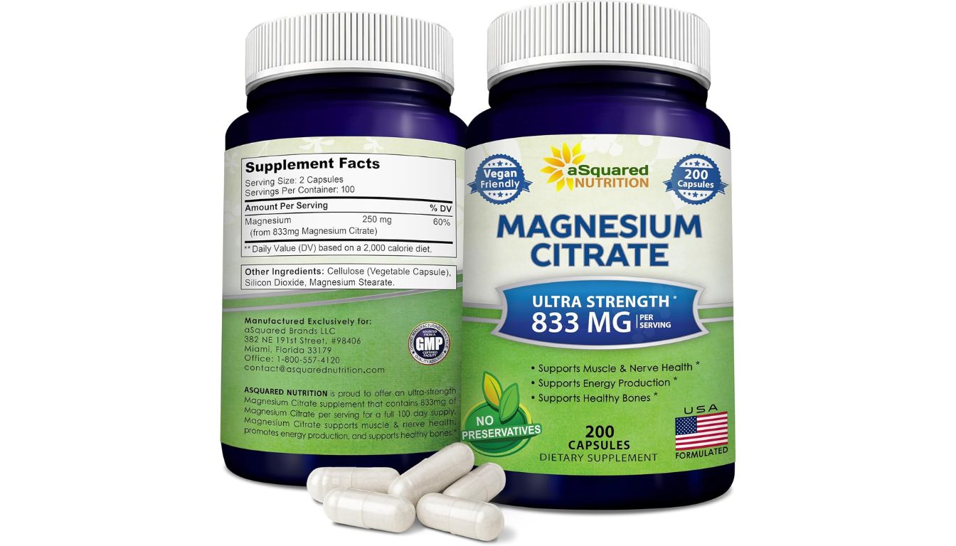 Bottle of aSquared Nutrition Magnesium Citrate 833mg with 200 vegan capsules for muscle, nerve, and bone support.