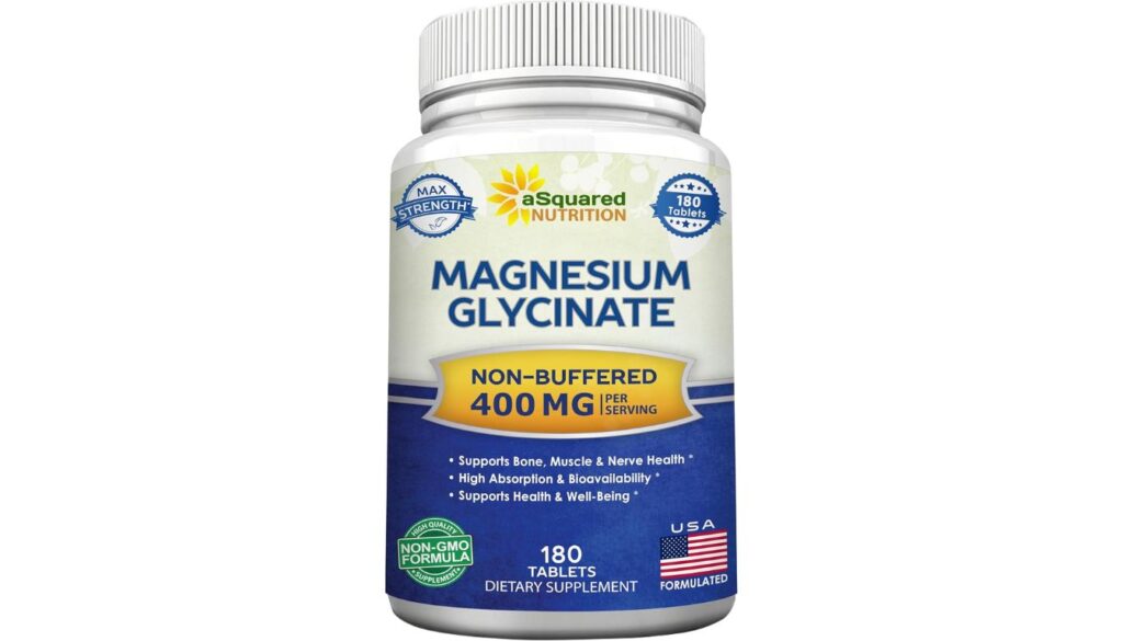 Bottle of aSquared Nutrition Magnesium Glycinate 400mg tablets, labeled non-buffered and max strength.