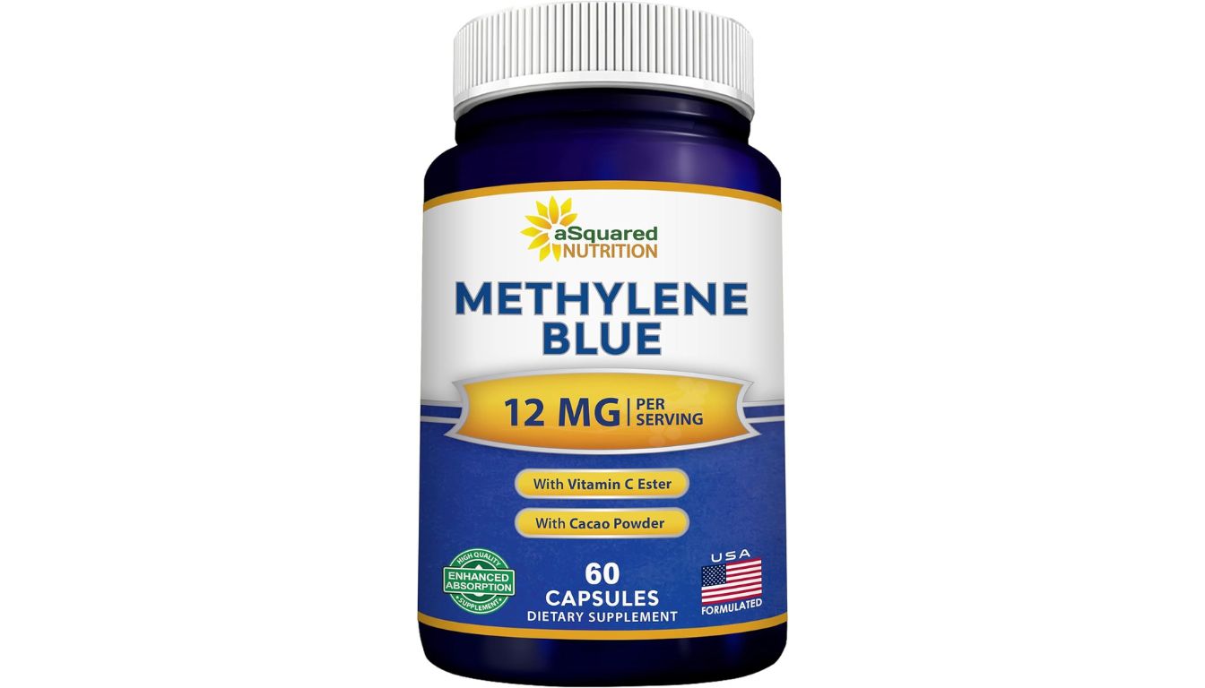 Bottle of aSquared Nutrition Methylene Blue capsules with 12 mg per serving and enhanced absorption label.