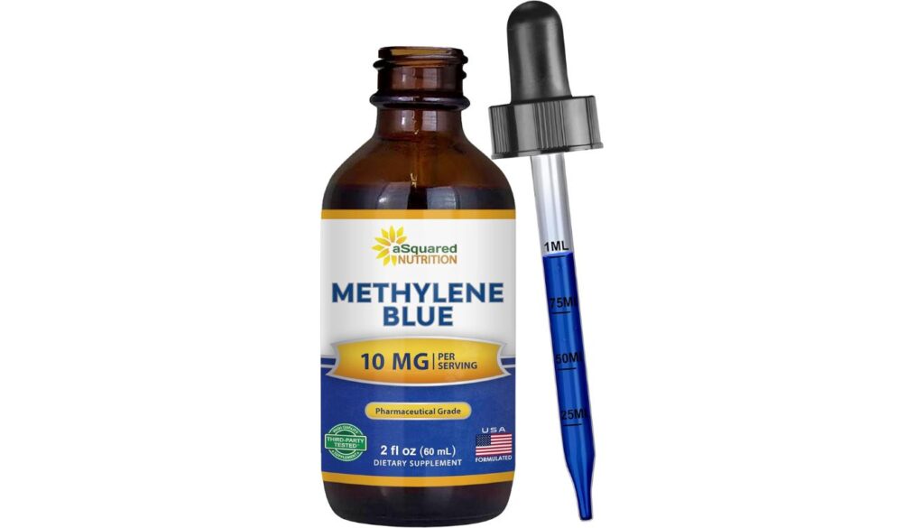Brown bottle of aSquared Nutrition Methylene Blue Drops with dropper and 10 mg per serving label.