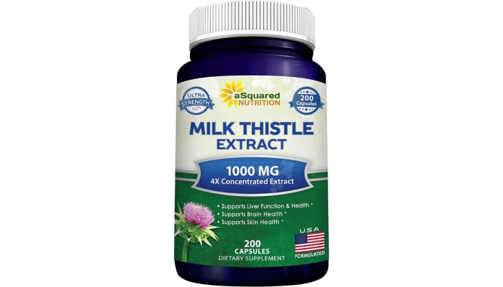 Bottle of aSquared Nutrition Milk Thistle Extract capsules, labeled 1000 mg and 4X concentrated extract.