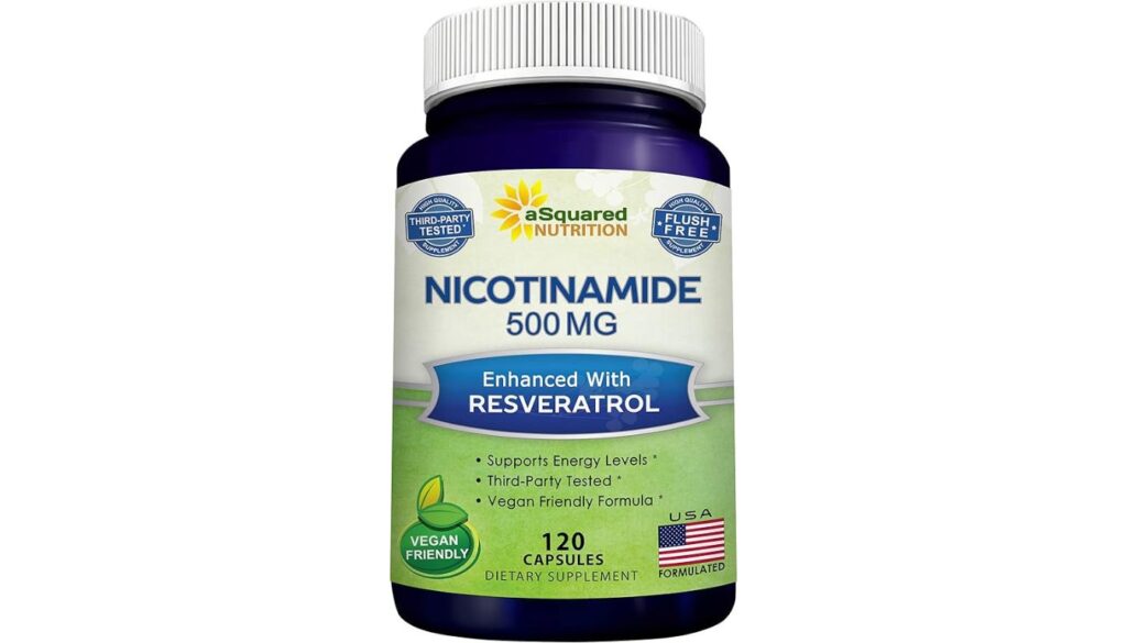 Bottle of aSquared Nutrition Nicotinamide 500mg capsules with Resveratrol, labeled flush-free and vegan-friendly.