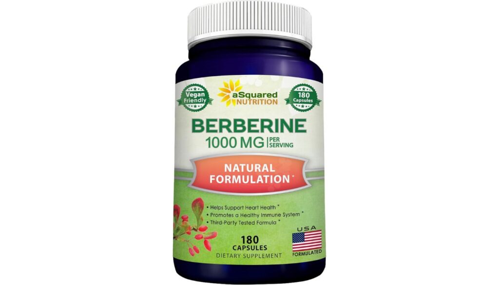 Bottle of aSquared Nutrition Pure Berberine 1000mg with 180 vegan capsules for heart, immune, and metabolic support.